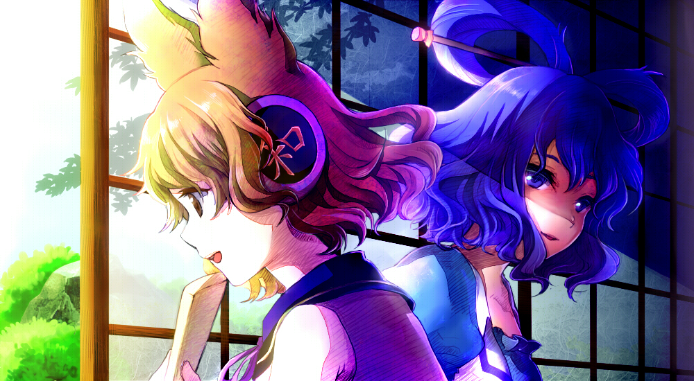 animal_ears blonde_hair blue_eyes blue_hair hair_stick headphones i_wanna kaku_seiga multiple_girls shouji sliding_doors ten_desires touhou toyosatomimi_no_miko yellow_eyes