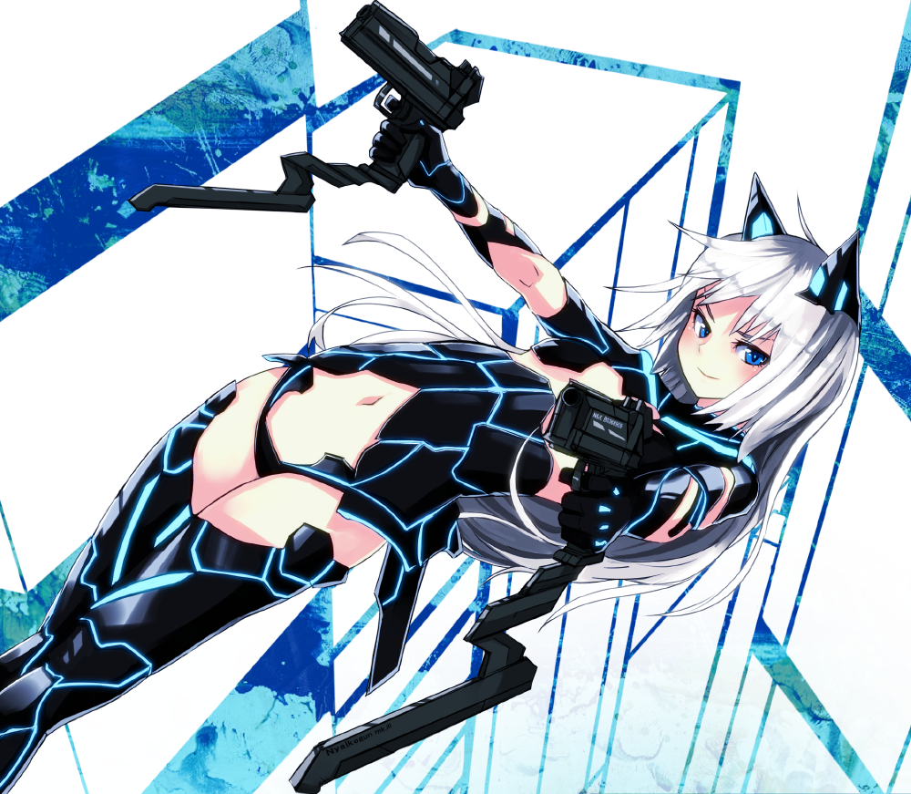 blue_eyes blush boots dual_wielding dutch_angle extended_magazine gloves gun hair_ornament long_hair looking_at_viewer navel neon_trim nosuku original pistol silver_hair smile solo thigh-highs thigh_boots thighhighs weapon