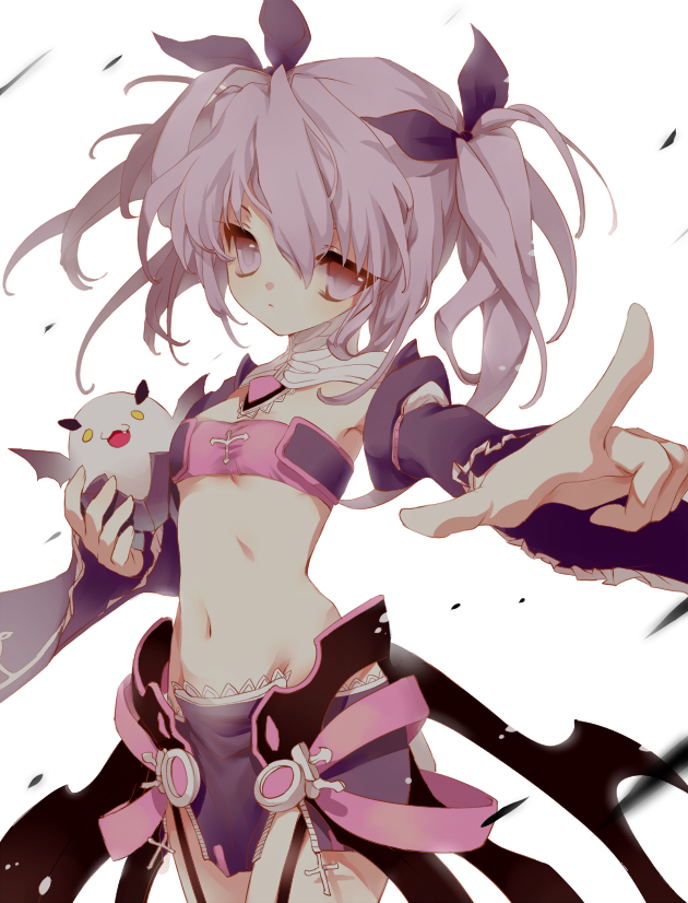 aisha_(elsword) bad_id bandeau creature detached_sleeves elsword expressionless ino92 midriff navel pointing purple_eyes purple_hair short_hair skirt solo twintails violet_eyes white_background