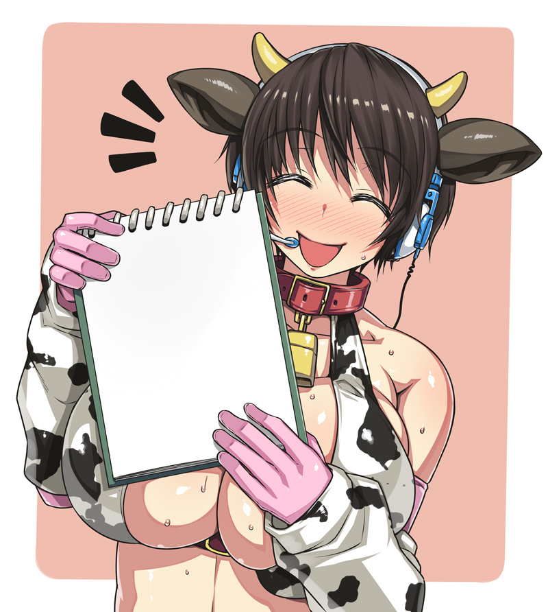 animal_ears bare_shoulders bell bell_collar breasts brown_hair collar cow_ears cow_horns cow_print darabuchi detached_sleeves headset horns huge_breasts idolmaster idolmaster_cinderella_girls oikawa_shizuku open_mouth short_hair sketchbook smile solo sweat