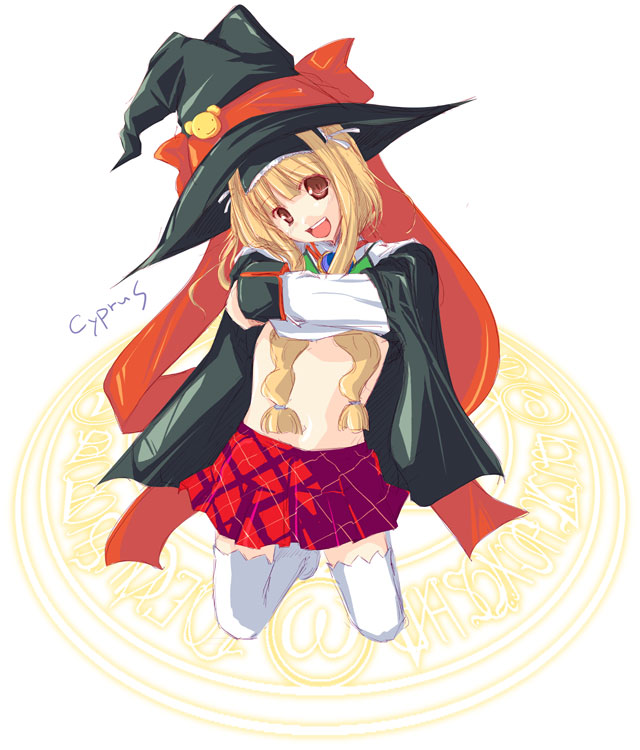 alice_alicetel_fernek checkered copyright_request cyprus hat kneeling long_hair looking_at_viewer open_mouth shirt_lift smile solo undressing witch_hat wiz_anniversary