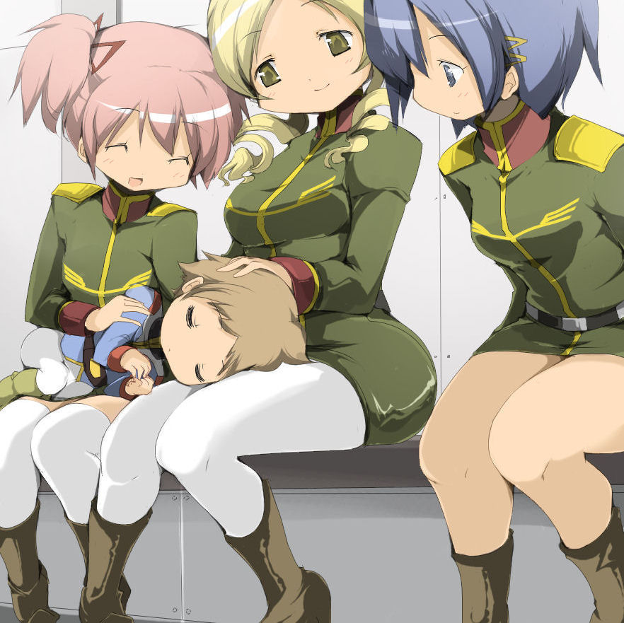 3girls child gundam kaname_madoka kaname_tatsuya lap_pillow mahou_shoujo_madoka_magica miki_sayaka mobile_suit_gundam multiple_girls pantyhose sleeping thighhighs tomoe_mami uniform white_legwear zeon zinger_(excess_m)