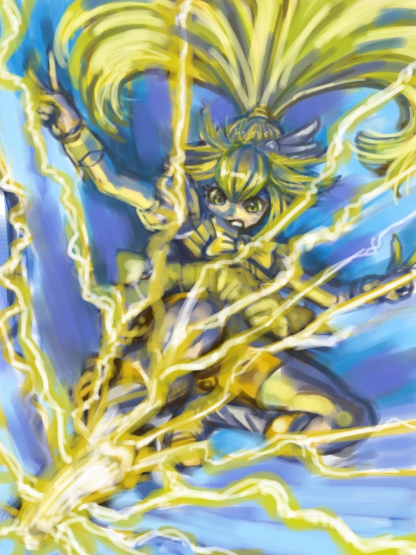 bike_shorts blonde_hair bow cure_peace double_v electricity inazuma_kick kicking kise_yayoi long_hair magical_girl precure shorts_under_skirt skirt smile_precure! solo toiletikitai v yellow_eyes