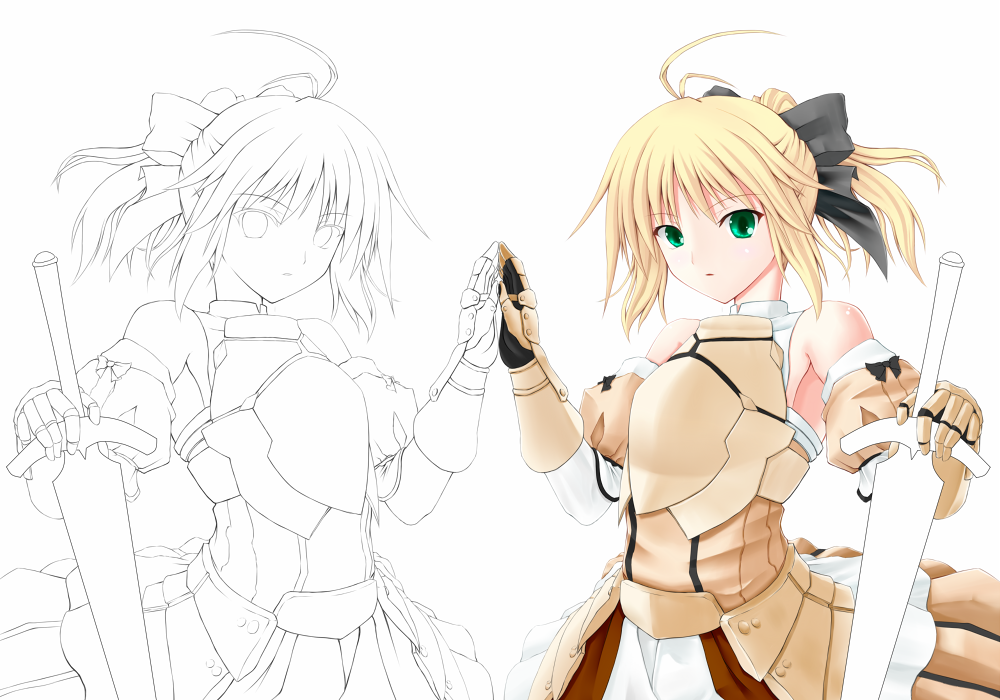ahoge armor armored_dress bad_id bare_shoulders blonde_hair bow fate/stay_night fate/unlimited_codes fate_(series) gauntlets green_eyes hair_bow lineart long_hair ponytail reflectional_symmetry saber saber_lily shouyan solo sword symmetry weapon