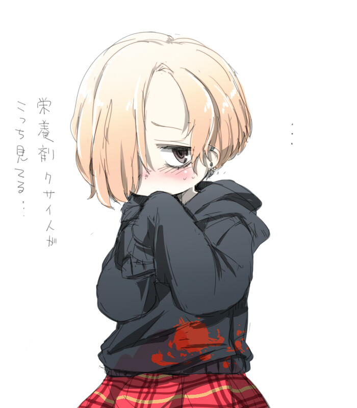 bags_under_eyes black_eyes blonde_hair blush brown_eyes child earrings embarrassed hair_over_one_eye hoodie idolmaster idolmaster_cinderella_girls jewelry looking_at_viewer mushimuraitsuki nasimura oversized_clothes pleated_skirt shirasaka_koume short_hair simple_background sketch skirt sleeves_past_wrists solo sweat translated translation_request white_background young