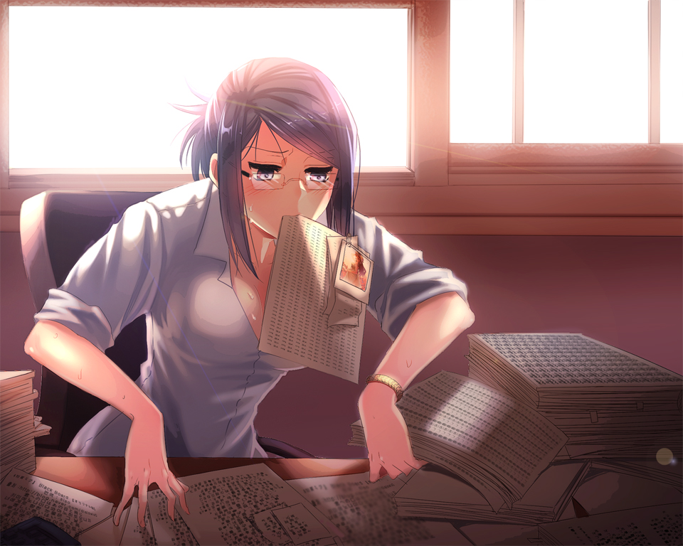 bracelet brown_eyes brown_hair desk dress_shirt glasses hair_up jewelry ktsis lens_flare mouth_hold original paper photo photo_(object) shirt sleeves_rolled_up solo sweat working