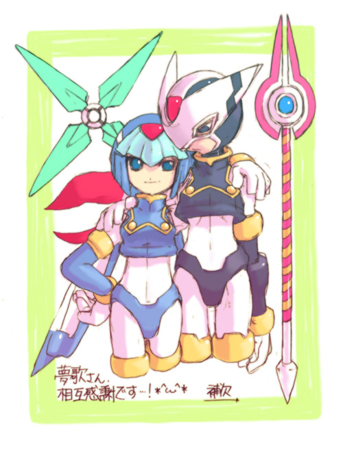 android blue_eyes blue_hair capcom energy_sword fairy_leviathan female_robot gloves green_eyes guardians_of_neo_arcadia gun gynoid helmet hidden_phantom leviathan leviathan_(megaman) leviathan_(rockman) megaman_zero neo_arcadia ocean_guardian phantom phantom_(megaman) phantom_(rockman) polearm red_eyes reploid rockman rockman_zero shuriken smile spear stand thigh-highs water weapon