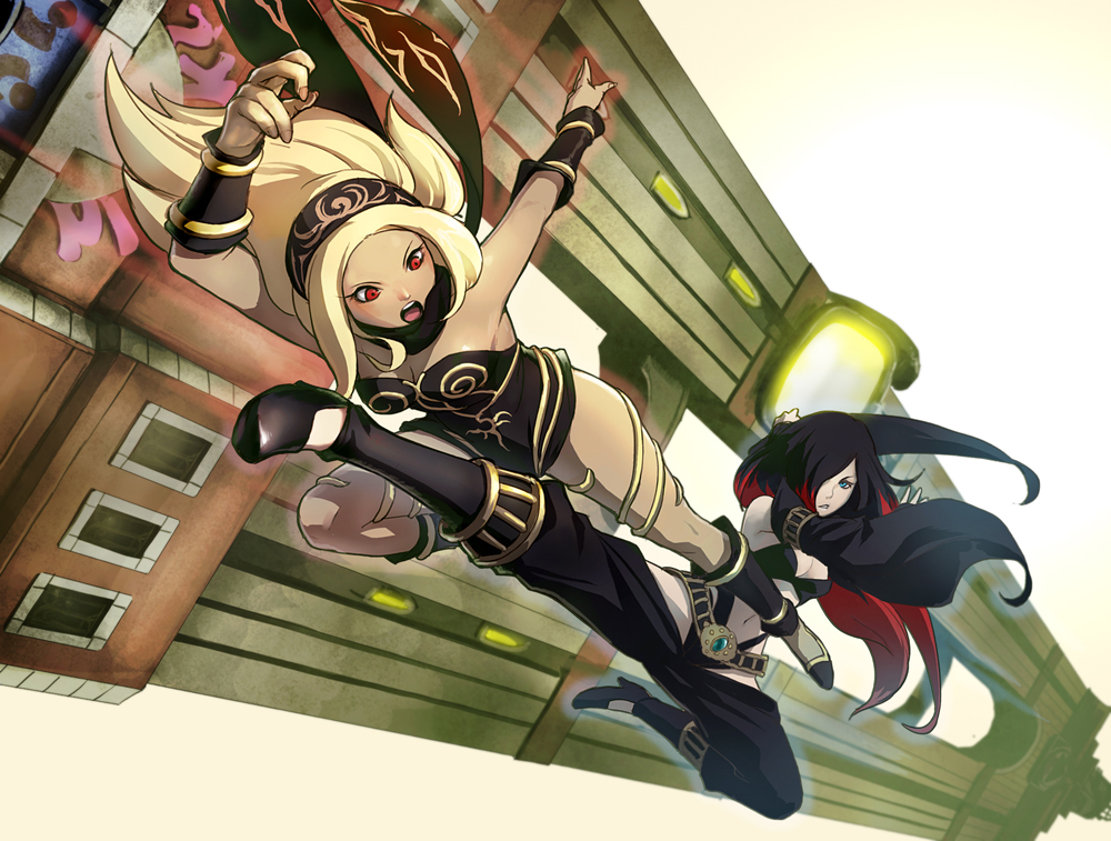 bare_shoulders black_hair blonde_hair blue_eyes crosscounter crow_(gravity_daze) dark_skin detached_sleeves flying_kick gravity_daze high_heels inazuma_kick kicking kitten_(gravity_daze) leg_warmers long_hair minoo multicolored_hair multiple_girls pale_skin pants red_eyes red_hair redhead scarf shoes thigh_strap two-tone_hair upside-down vambraces wide_sleeves