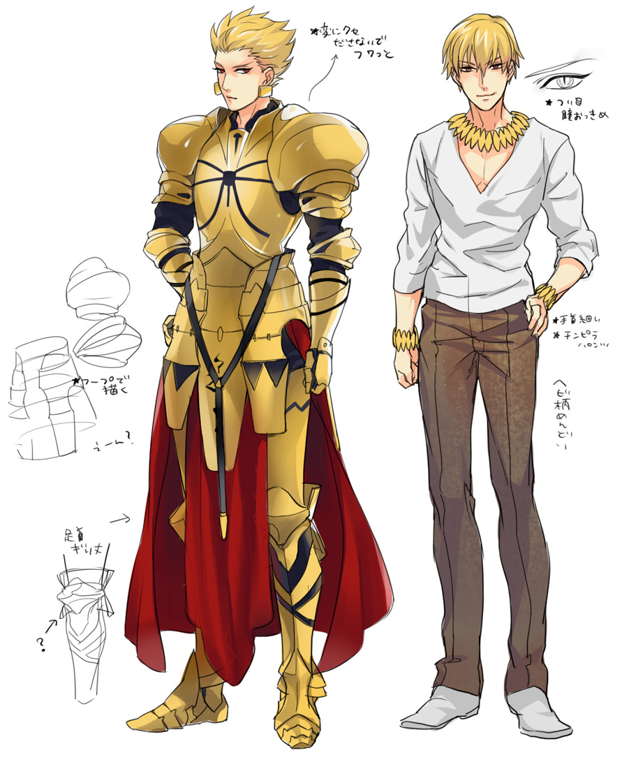 armor blonde_hair bracelet casual character_sheet dual_persona earrings fate/zero fate_(series) gilgamesh hair_down hair_up jewelry k29 male necklace red_eyes v-neck