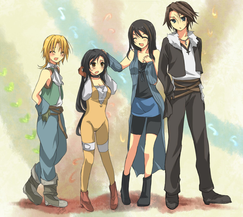 &gt;_&lt; 2girls :d ^_^ arm_warmers bare_shoulders belt bike_shorts black_hair blonde_hair blue_eyes blush boots breasts brown_eyes brown_hair catsuit closed_eyes eyes_closed female final_fantasy final_fantasy_ix final_fantasy_viii garnet_til_alexandros_xvii gloves hand_on_head height_difference highlights hoshihuri hosihuri jacket jewelry long_hair male multiple_boys multiple_girls necklace open_mouth pants rinoa_heartilly scar shoes shorts skin_tight smile squall_leonhart xd zidane_tribal