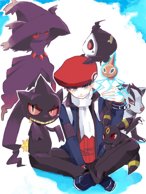 1boy banette boy duskull hat kouki_(pokemon) mightyena mismagius nozomu144 pokemon pokemon_(creature) pokemon_(game) pokemon_dppt rotom scarf sitting smile umbreon winter_clothes