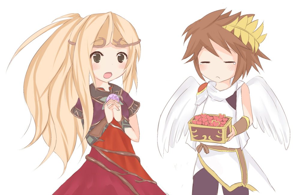 1boy 1girl angel arm_guards belt blonde_hair blush box brown_hair capelet circlet dress eyes_closed heart kid_icarus kid_icarus_uprising long_hair open_mouth pit pit_(kid_icarus) ponytail red_dress short_hair shorts tears viridi wings