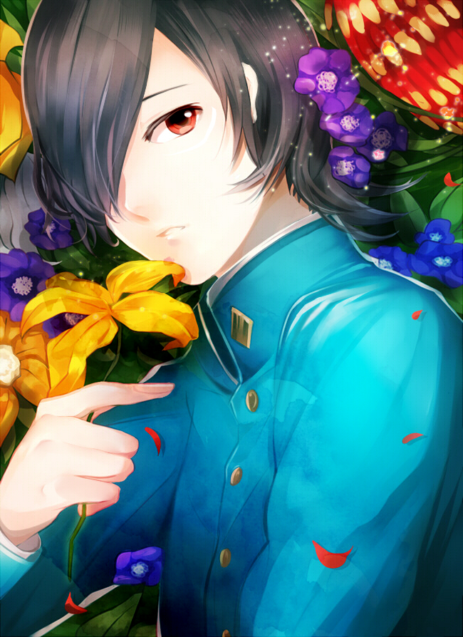 bad_id black_hair flower hair_over_one_eye kurosu_jun male persona persona_2 persona_4 red_eyes short_hair slee solo