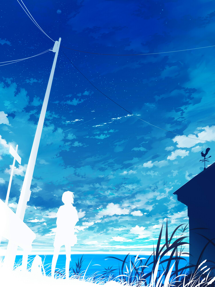 1girl blue cloud clouds condensation_trail grass house monochrome ocean original short_hair silhouette sky solo standing star_(sky) starry_sky telephone_pole weather_vane