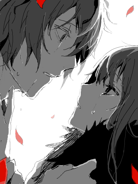 1girl arisaka_ako baco crying crying_with_eyes_open eve_(ib) garry_(ib) gary_(ib) holding ib ib_(ib) long_hair monochrome petals short_hair spot_color tears tegaki