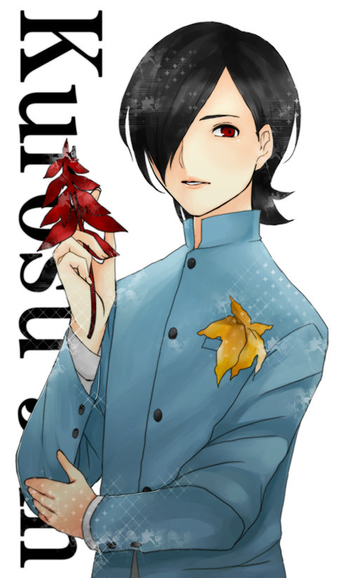 black_hair flower gakuran hair_over_one_eye hetary kurosu_jun male persona persona_2 red_eyes school_uniform solo sparkle