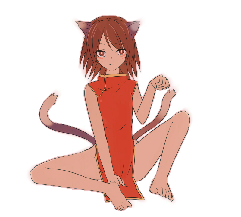 alternate_costume animal_ears bare_legs barefoot brown_eyes brown_hair cat_ears cat_tail chen china_dress chinese_clothes covering covering_crotch facial_mark looking_at_viewer miyo_(ranthath) multiple_tails no_panties paw_pose short_hair sitting smile solo spread_legs tail touhou
