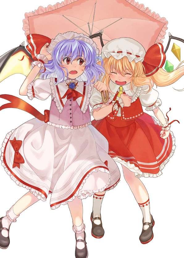ascot bat_wings blonde_hair blue_hair brooch closed_eyes eyes_closed fang flandre_scarlet hand_on_hat hat hat_ribbon jewelry locked_arms mary_janes multiple_girls nazuki_nazu open_mouth parasol red_eyes remilia_scarlet ribbon shirt shoes short_hair siblings sisters skirt skirt_set smile touhou umbrella wings wrist_cuffs wrist_ribbon