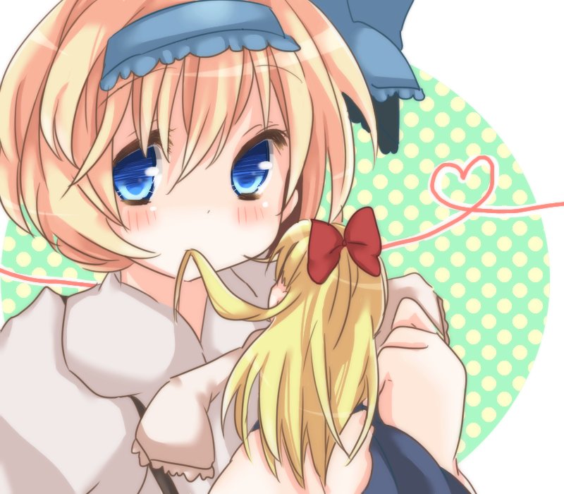 alice_margatroid alice_margatroid_(pc-98) bad_id blonde_hair blue_eyes blush bow doll dress hair_bow hair_in_mouth hair_ribbon hairband heart long_hair pikojirokurao ribbon shanghai_doll short_hair solo touhou touhou_(pc-98)