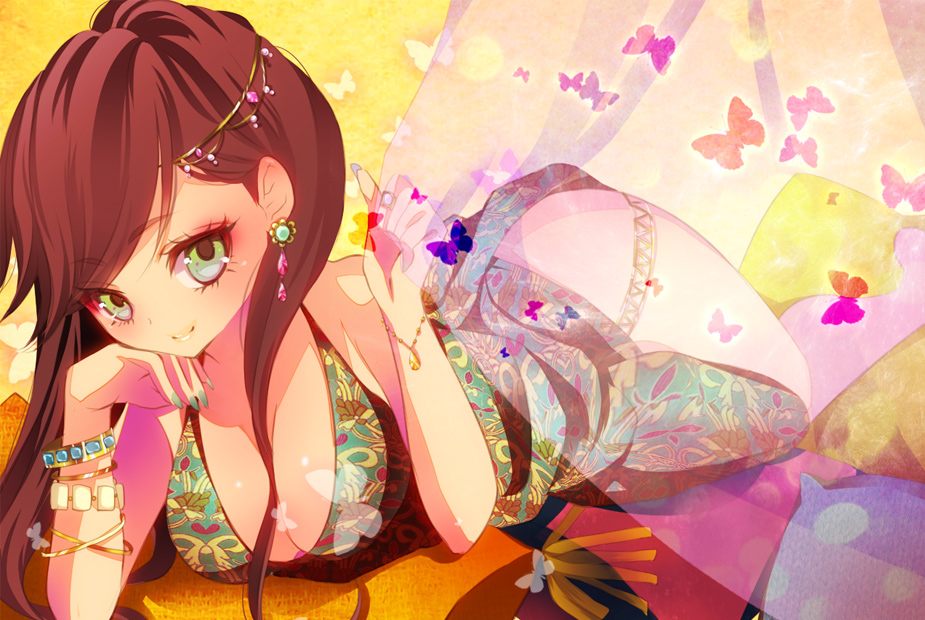 bare_shoulders bracelet breasts brown_hair butterfly cleavage earrings green_eyes jewelry long_hair looking_at_viewer nail_polish original solo yugaa