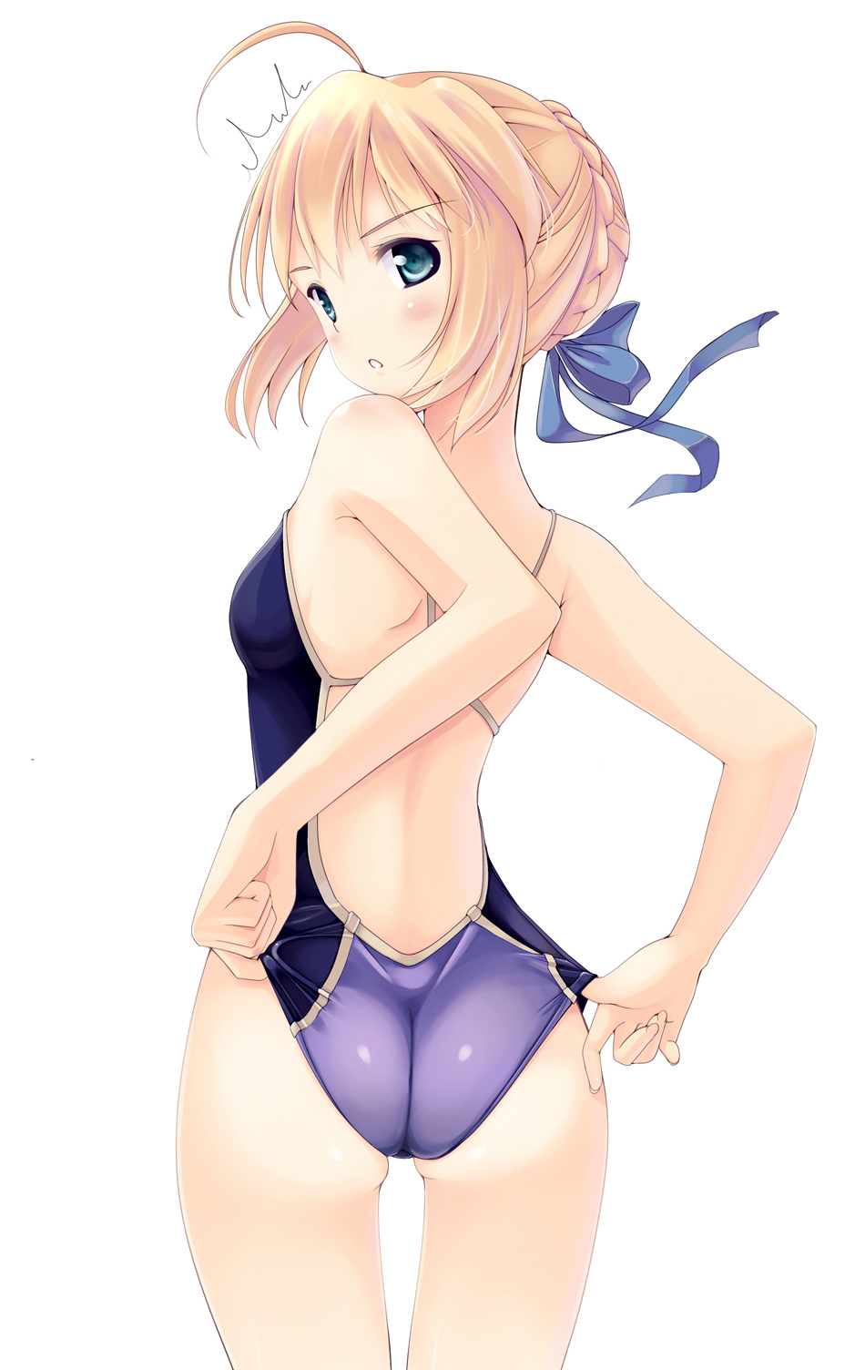 1girl adjusting_swimsuit ahoge aqua_eyes ass backless_swimsuit blonde_hair blue_swimsuit breasts butt_crack competition_swimsuit fate/stay_night fate_(series) female_ass from_behind hair hair_ribbon highres looking_back nksk one-piece_swimsuit ribbon saber sideboob simple_background solo swimsuit thigh_gap thighs white_background