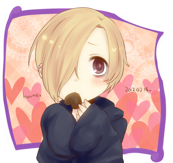 bags_under_eyes blonde_hair brown_eyes candy child chocolate earrings eating face food hair_over_one_eye heart hoodie idolmaster idolmaster_cinderella_girls jewelry oversized_clothes shirasaka_koume short_hair simple_background sleeves_past_wrists solo tmk_(tmk92) young