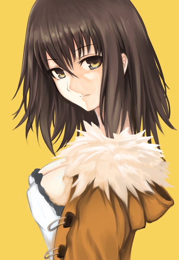 black_hair breasts bust cleavage coat devildogs face fur_collar fur_trim looking_at_viewer original short_hair simple_background solo yellow_eyes