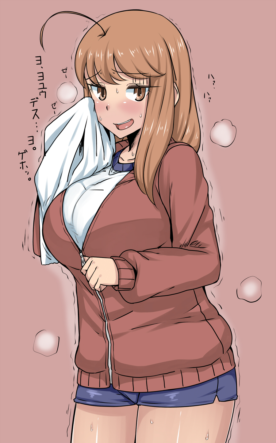 ahoge breasts brown_eyes brown_hair gym_shorts gym_uniform highres huge_breasts long_hair looking_at_viewer maru_(maruttona) maruttona minoru_oba o-cup-chan open_mouth original shorts simple_background smile solo sweat track_jacket translation_request trembling
