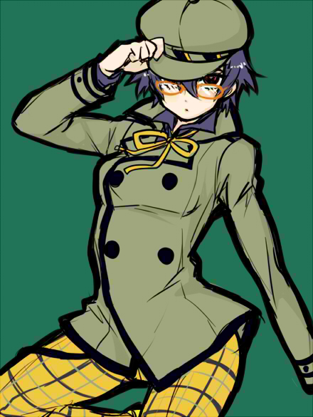 blue_hair breasts brown_eyes cabbie_hat detective expressionless glasses hair_between_eyes hand_on_hat hat hips jacket looking_at_viewer majoccoid persona persona_4 shirogane_naoto short_hair solo wavy_hair