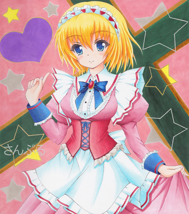 1girl alice_margatroid alternate_costume apron arm_up bad_id blonde_hair blue_eyes blush_stickers bow breasts brooch enmaided female fingernails girdle hairband heart jewelry large_breasts long_sleeves looking_at_viewer maid marker_(medium) millipen_(medium) munmu pink_background puffy_sleeves raised_finger short_hair skirt_hold smile solo star striped striped_background touhou traditional_media vest wrist_cuffs