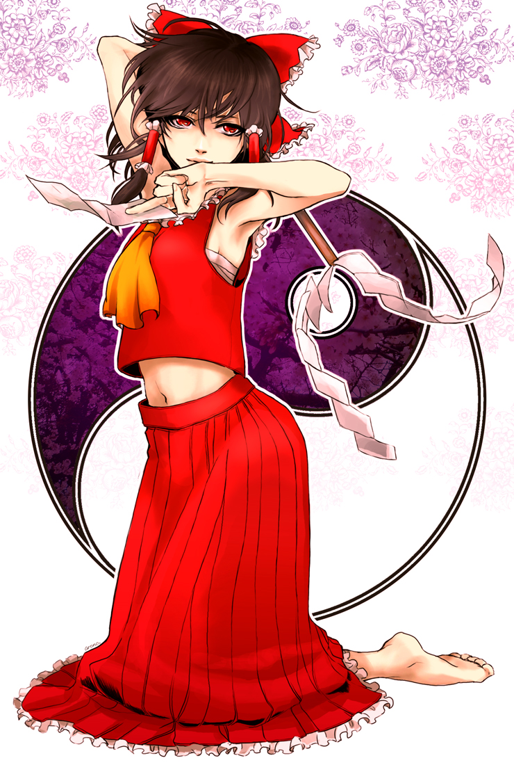 alternate_eye_color areno arm_behind_head armpits arms_up ascot barefoot between_fingers black_hair bow floral_background flower gohei gradient gradient_background hair_bow hair_tubes hakurei_reimu head_tilt kneeling light_smile lips looking_at_viewer midriff navel nose ofuda red_eyes sarashi short_hair skirt sleeveless solo touhou vest yin_yang