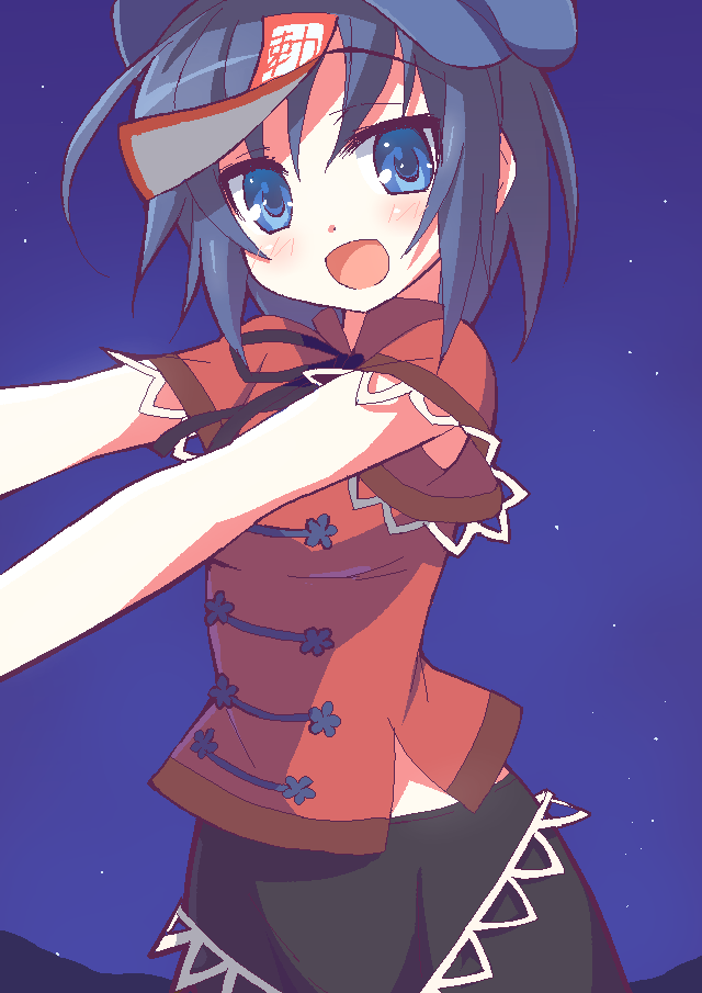 9law black_hair blue_eyes hat miyako_yoshika ofuda open_mouth outstretched_arms short_hair solo touhou zombie_pose