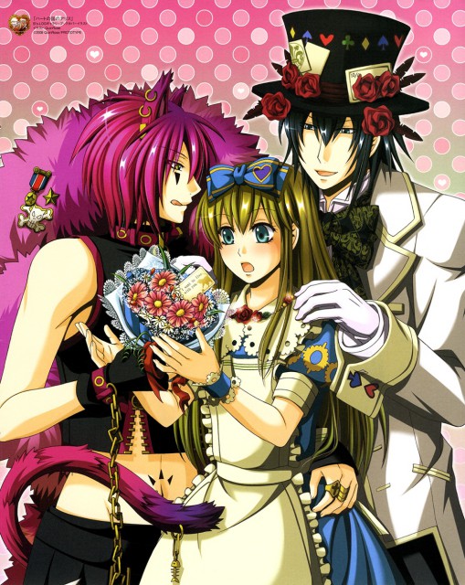 2boys alice_liddell animal_ears apron black_hair blood_dupre blue_eyes blush boris_airay bouquet bow bowtie brown_hair buttons cat_ears chain chains collar dress earrings feather_boa flower gloves hair_bow hat heart_no_kuni_no_alice jewelry long_hair long_sleeves multiple_boys official_art piercing pink_hair ring rose short_hair surprised tail tongue wristband yellow_eyes