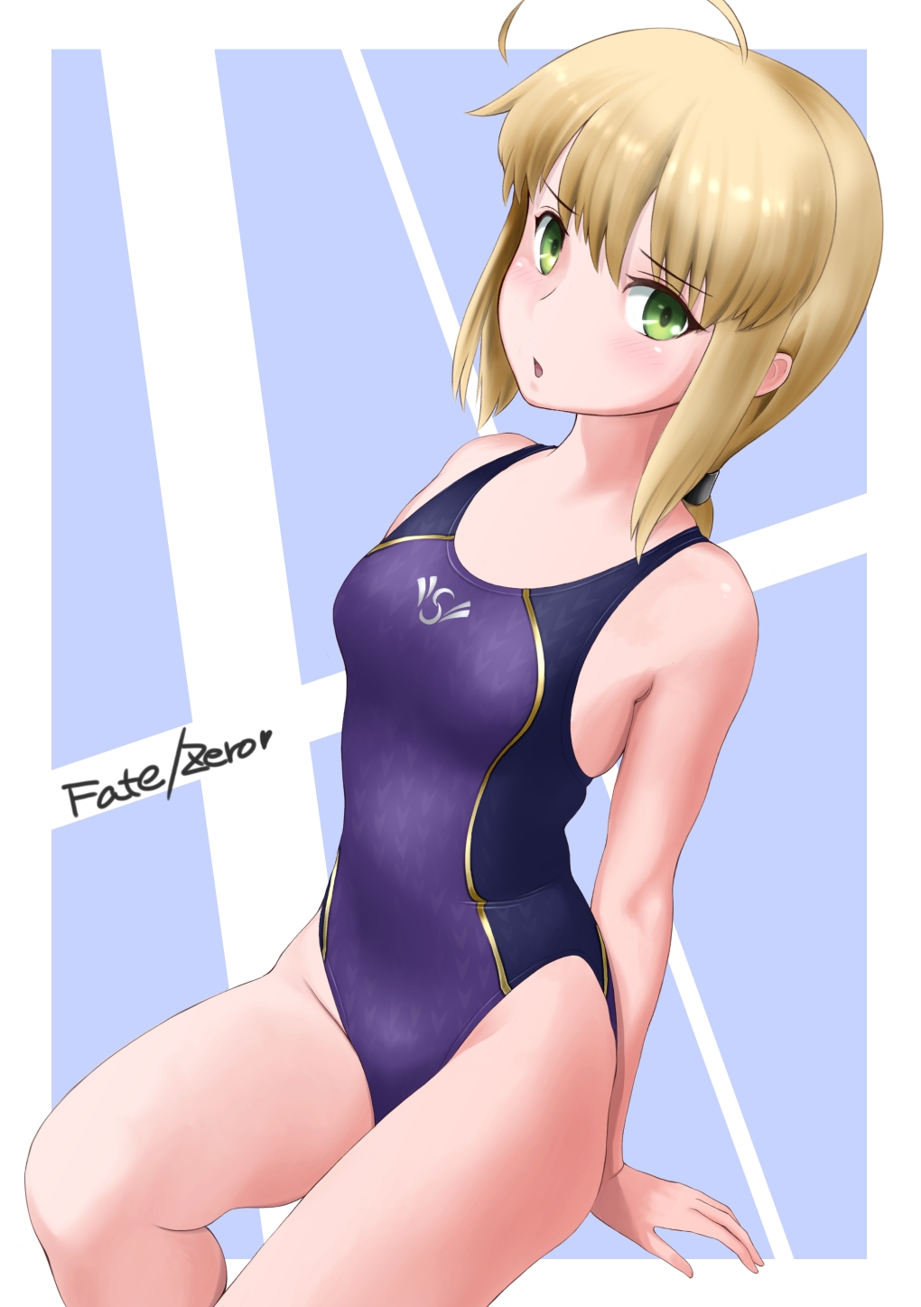 ahoge blonde_hair competition_swimsuit fate/zero fate_(series) green_eyes highres one-piece_swimsuit ponytail saber solo swimsuit wa_(genryusui)