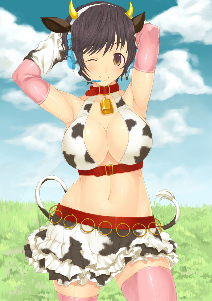 ;) bell bell_collar belt black_hair breasts brown_eyes collar cow_horns cow_print cow_tail elbow_gloves gloves grass headset horns idolmaster idolmaster_cinderella_girls kabocha_head large_breasts navel oikawa_shizuku pink_legwear skirt smile solo tail thigh-highs thighhighs wink