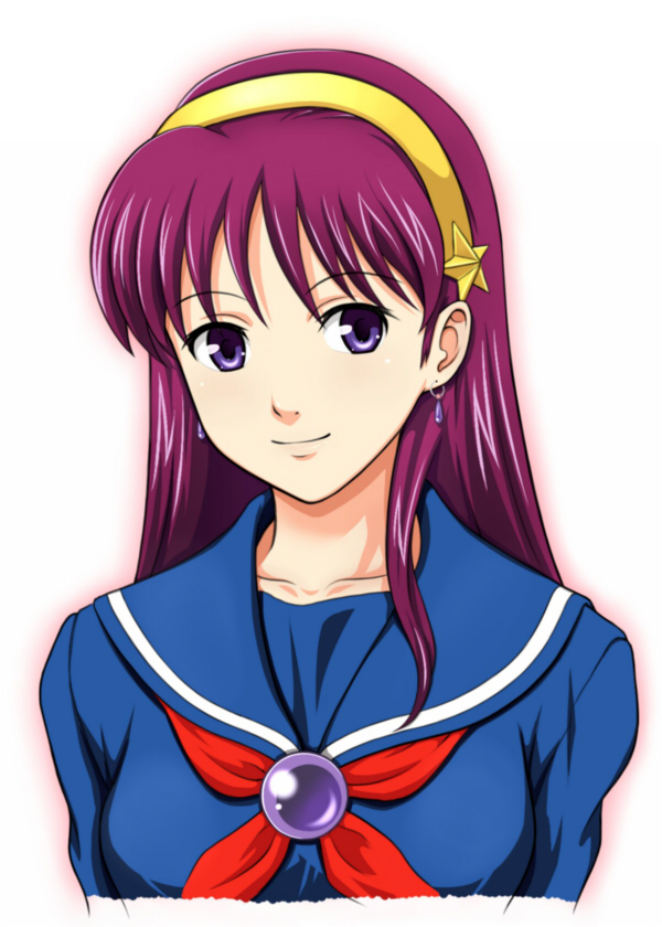 1girl asamiya_athena bangs blue_sailor_collar bust closed_mouth earrings female fukuro_ooji hairband jewelry king_of_fighters long_hair neckerchief purple_eyes purple_hair red_neckerchief sailor_collar sailor_shirt school_uniform serafuku smile snk solo violet_eyes yellow_hairband