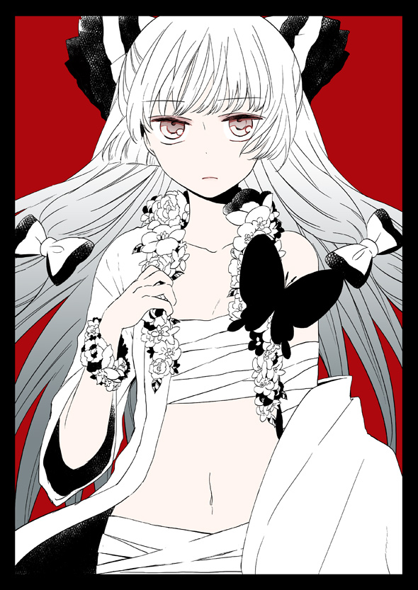 bad_id bandages border bow butterfly cover cover_page doujin_cover expressionless flower fujiwara_no_mokou gradient_hair hair_bow japanese_clothes kimono long_hair monochrome multicolored_hair navel open_clothes red_background sarashi satou_memeko solo spot_color touhou undressing yukata