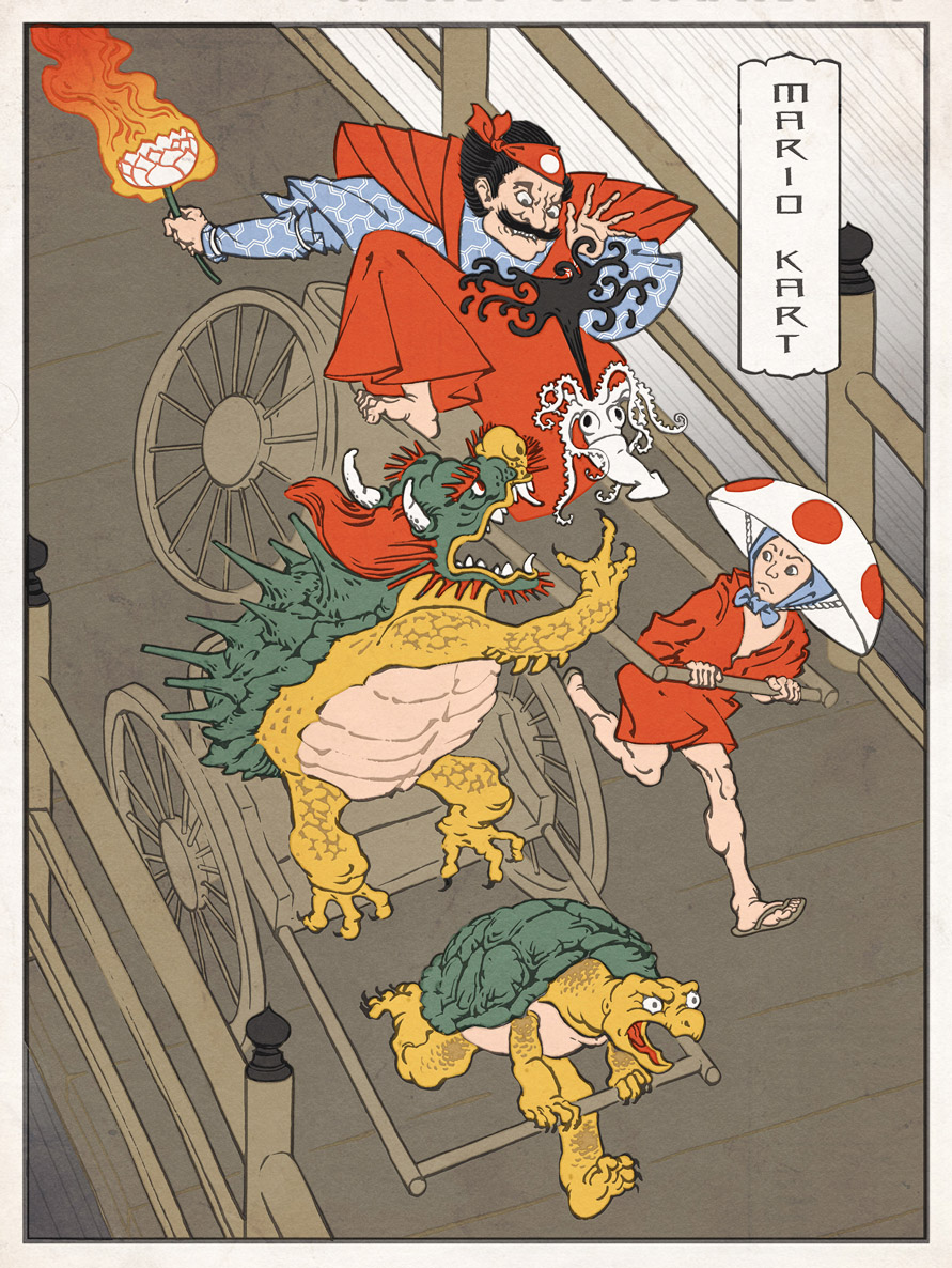 blooper bowser bridge character_name fine_art_parody fire fire_flower flower hat headband ink jed_henry koopa mario mario_kart nihonga parody racing rickshaw running sharp_teeth shell squid super_mario_bros. teeth toad toad_(mario) ukiyo-e