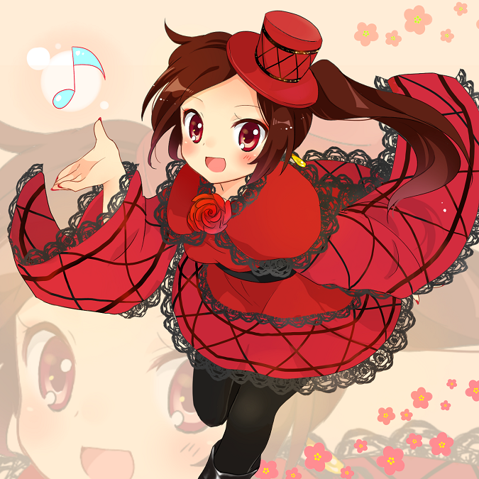 1girl :d blush brooch brown_hair dress flower flower_brooch hat jewelry lace mochizuki_yomogi musical_note nail_polish open_mouth original pantyhose red_dress red_eyes rose side_ponytail smile solo top_hat zoom_layer