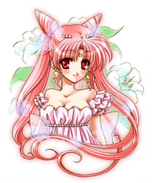 adult bare_shoulders bishoujo_senshi_sailor_moon breasts chibi_usa double_bun dress flower lily_(flower) long_hair pink_hair princess red_eyes shirataki_kaiseki small_lady_serenity smile solo twintails