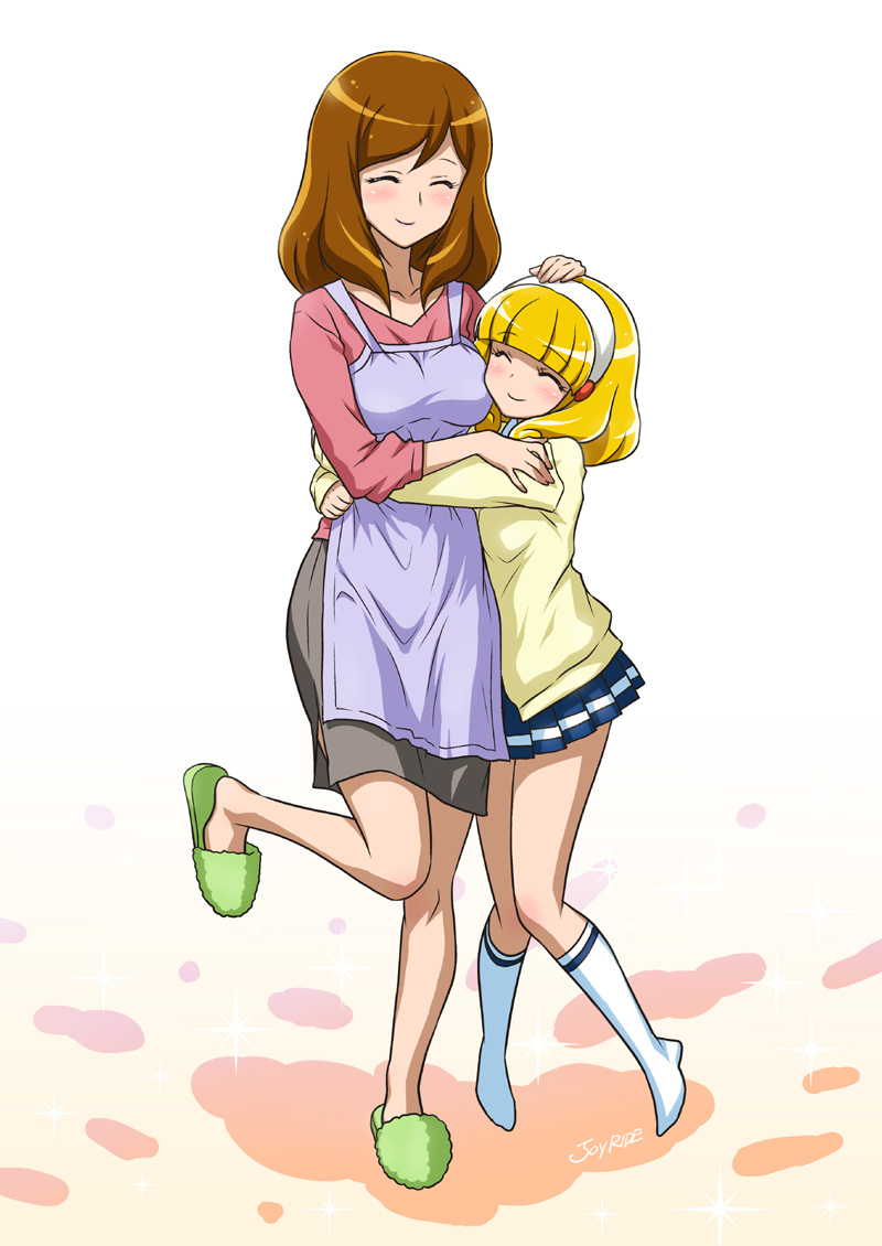 age_difference apron bangs blonde_hair blunt_bangs blush brown_hair cardigan closed_eyes hairband hand_on_head hug joy_ride kise_chiharu kise_yayoi long_hair mother_and_daughter multiple_girls petting precure school_uniform short_hair skirt sleeves_pushed_up slippers smile smile_precure! standing_on_one_leg sweater