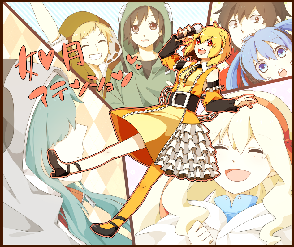 arm_warmers artist_request blonde_hair creator_connection detached_sleeves dress ene_(kagerou_project) frills jinzou_enemy_(vocaloid) kagerou_project kano_(kagerou_project) kido_(kagerou_project) kisaragi_attention_(vocaloid) kisaragi_momo kisaragi_shintarou looking_at_viewer mary_(kagerou_project) mekakushi_code_(vocaloid) mekakushi_cord_(vocaloid) microphone multiple_boys multiple_girls open_mouth red_eyes seto_(kagerou_project) shoes short_hair single_thighhigh smile souzou_forest_(vocaloid) thigh-highs thighhighs vocaloid yellow_legwear