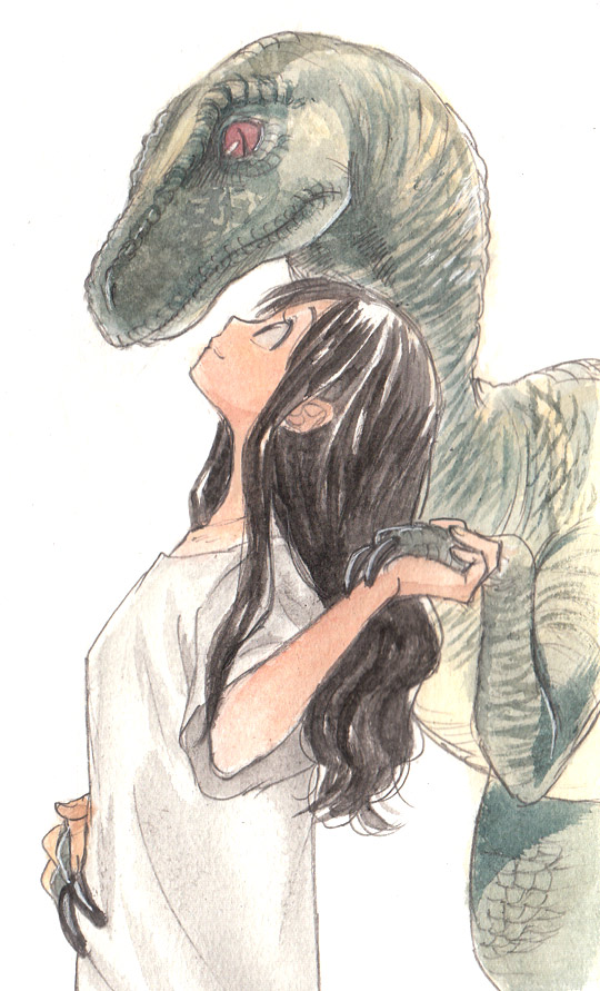 ayanashi_kunio black_hair dinosaur hand_holding height_difference holding_hands hug hug_from_behind kanimayo long_hair original profile red_eyes simple_background slit_pupils standing traditional_media velociraptor watercolor_(medium) white_background