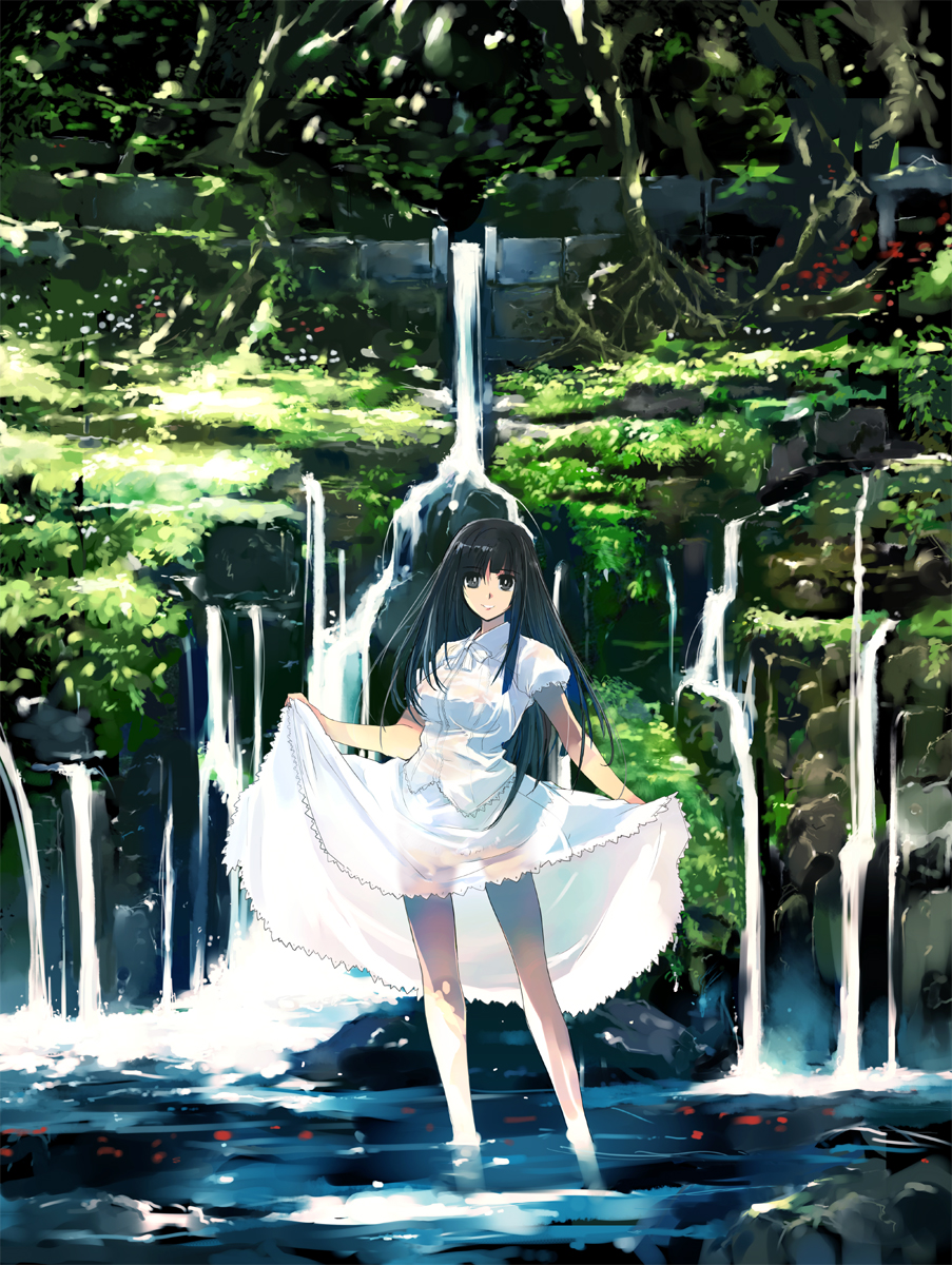 blue_hair blush dress dress_lift highres legs long_hair matsumoto_noriyuki original smile solo standing wading water waterfall