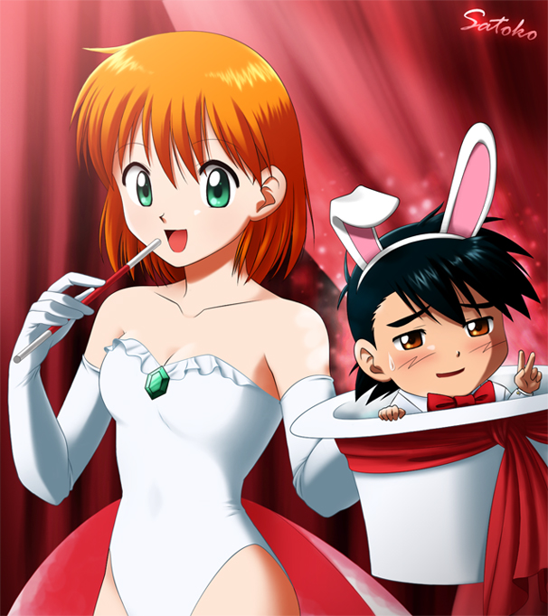 1girl :d animal_ears artist_name black_hair blush bowtie breasts bunny_ears character_name child cleavage collarbone curtains elbow_gloves fake_animal_ears gloves goldeen goldeen_(cosplay) green_eyes hat holding holding_hat jewelry kasumi_(pokemon) laura-satoko laura_jimenez leotard magician nintendo open_mouth orange_eyes orange_hair pokemon pokemon_(anime) rabbit_ears ribbon satoshi_(pokemon) shiny shiny_skin short_hair smile stage sweat sweatdrop top_hat v wand