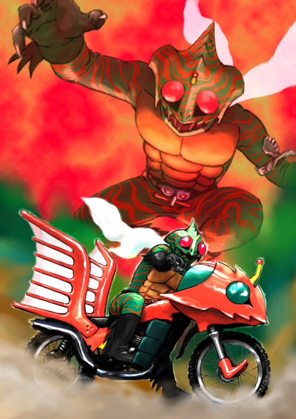claws jungler kamen_rider kamen_rider_amazon kamen_rider_amazon_(series) motor_vehicle motorcycle scarf vehicle
