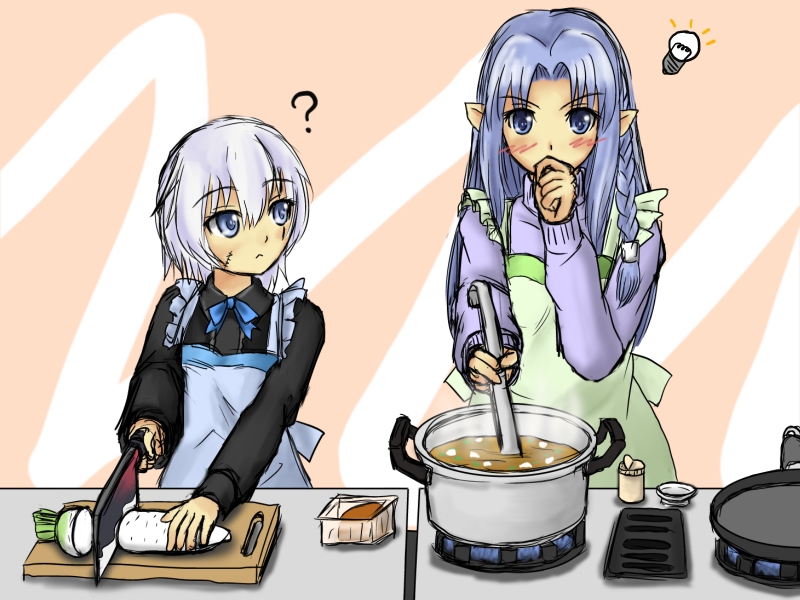 ? apron assassin_of_black blue_eyes blue_hair blush bowtie butcher_knife caster cooking fate/apocrypha fate/stay_night fate_(series) frown frying_pan hand_to_mouth hozenkakari jack_the_ripper_(fate/apocrypha) ladle lightbulb long_hair multiple_girls pointy_ears pot radish scar short_hair silver_hair sketch skillet stove sweater