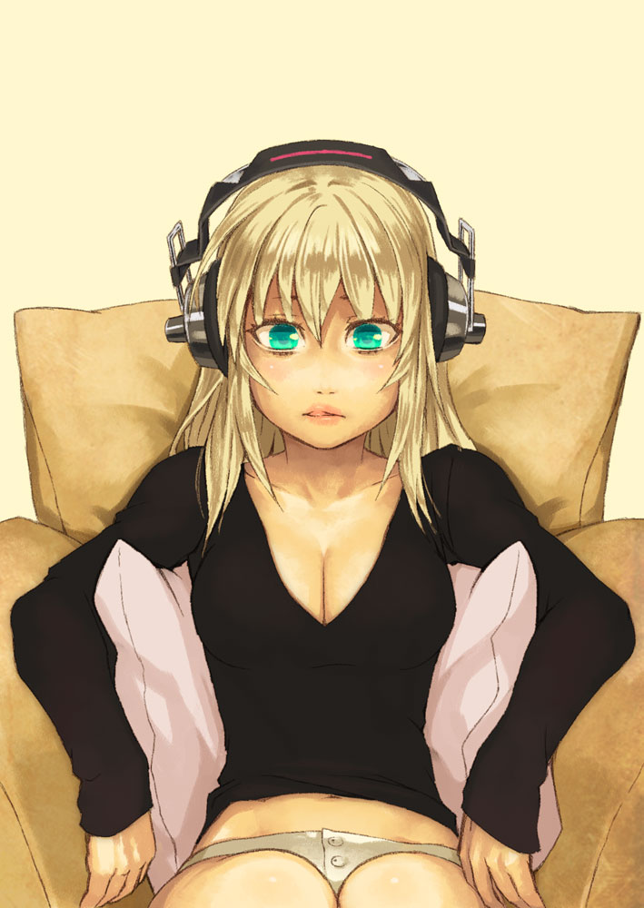 and aqua_eyes blonde_hair blush breasts cleavage cushion headphones long_sleeves mustard_seeds navel original sitting solo