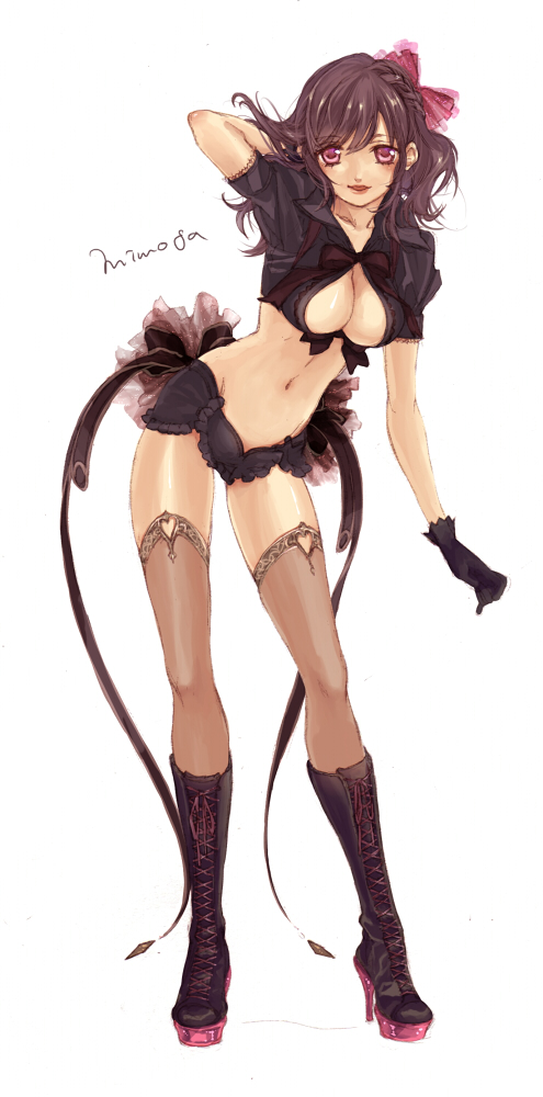 black_hair boots breasts cleavage crop_top dear gloves hair_ribbon high_heels michudx midriff mimosa_haanesuto navel red_eyes ribbon shiny shiny_skin shoes solo thigh-highs thighhighs