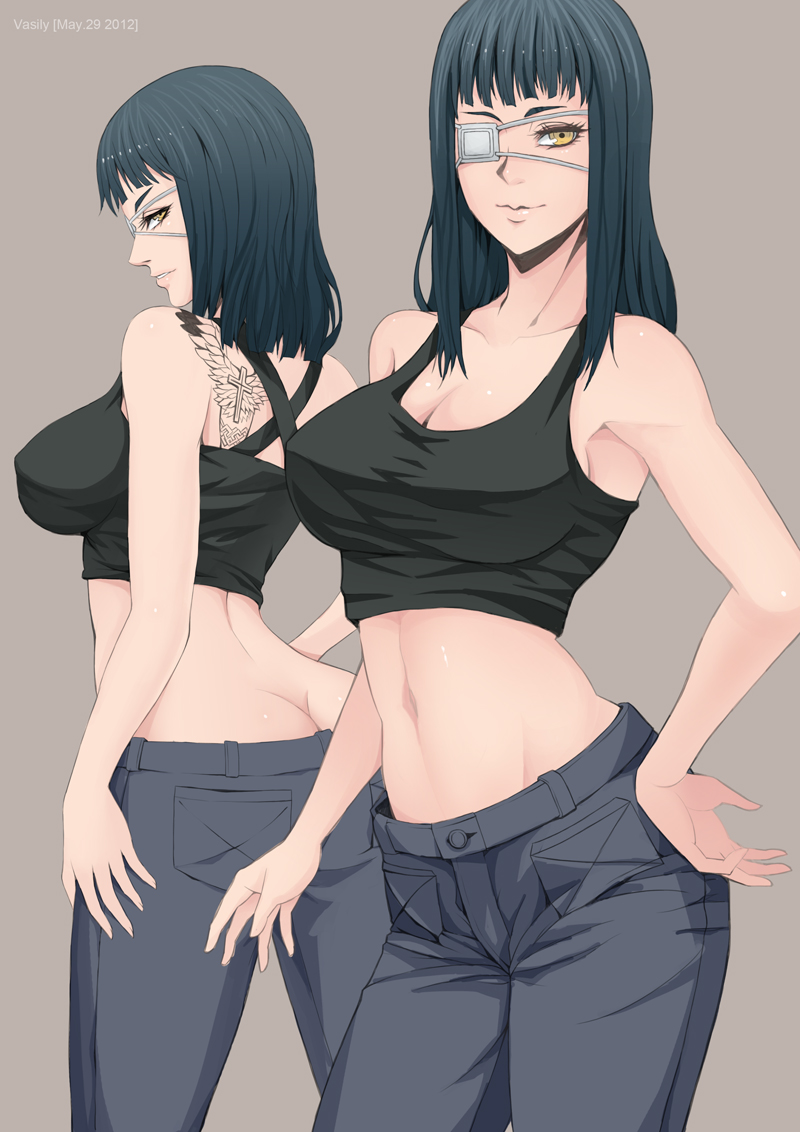 ass bare_shoulders blue_hair breasts brown_background butt_crack cleavage cross eyepatch hand_on_hip jormungand large_breasts long_hair looking_at_viewer looking_back navel simple_background smile sofia_valmer tank_top tattoo vasily_(run211) yellow_eyes